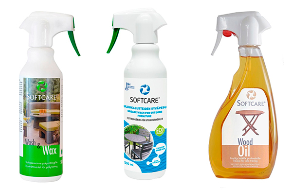 Soft Care-vahapesu polyrottingille, Soft Care-ulkokalusteiden syv&auml;pesu ja Soft Care puu&ouml;ljy